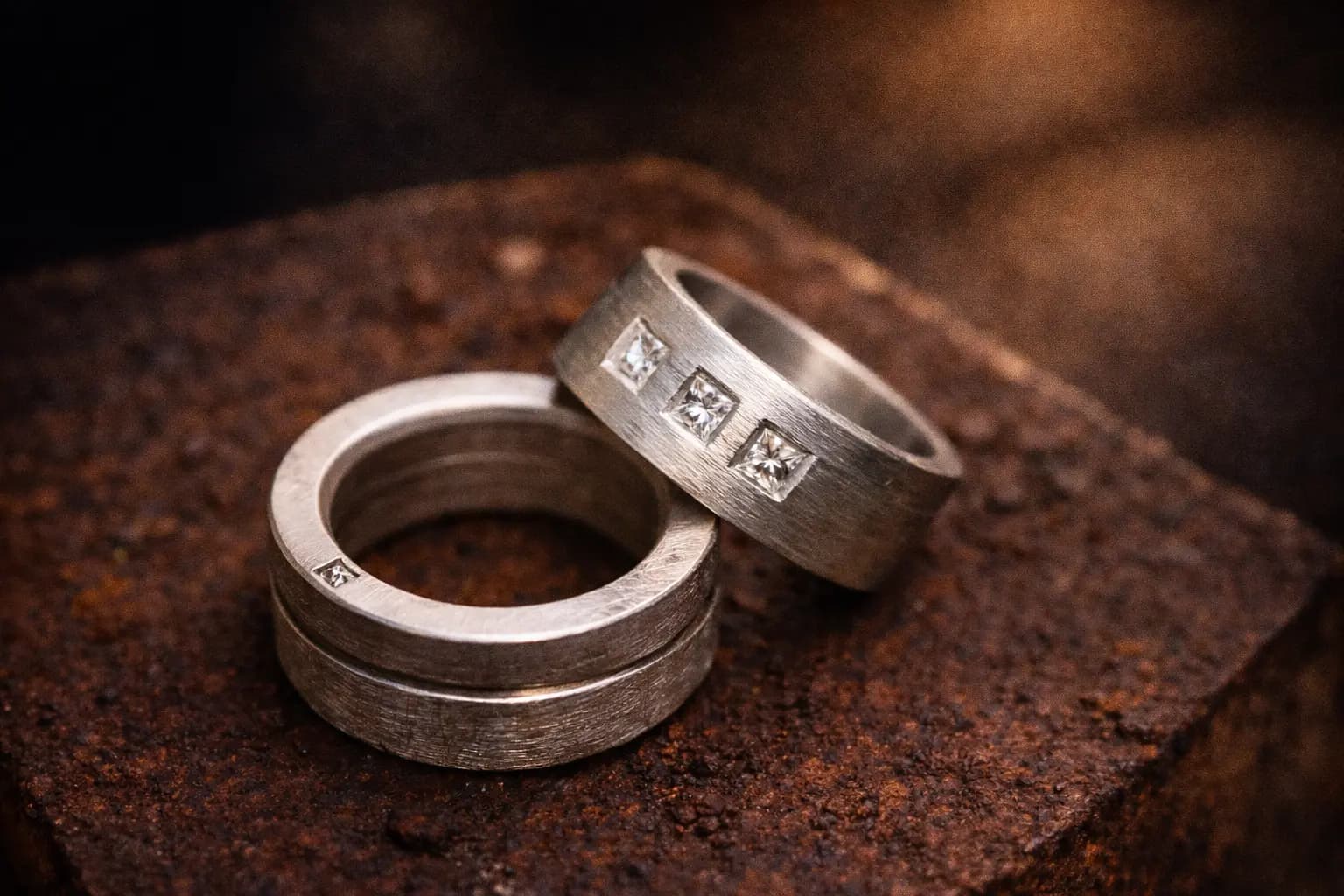Rustikale Eheringe aus recyceltem Metall